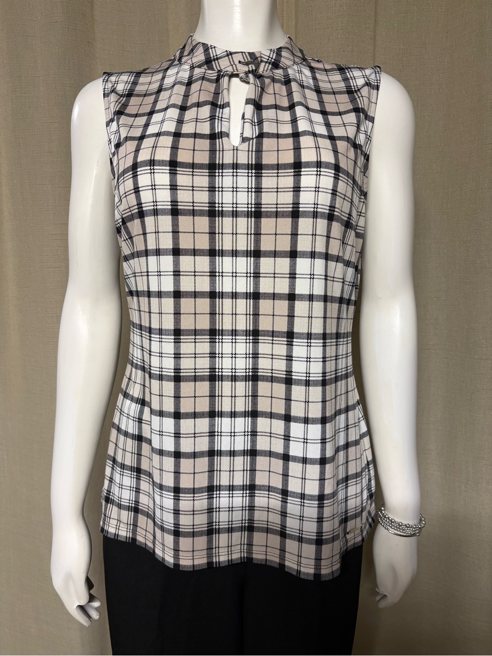 Calvin Klein Beige Black & White Plaid Sleeveless Keyhole Top